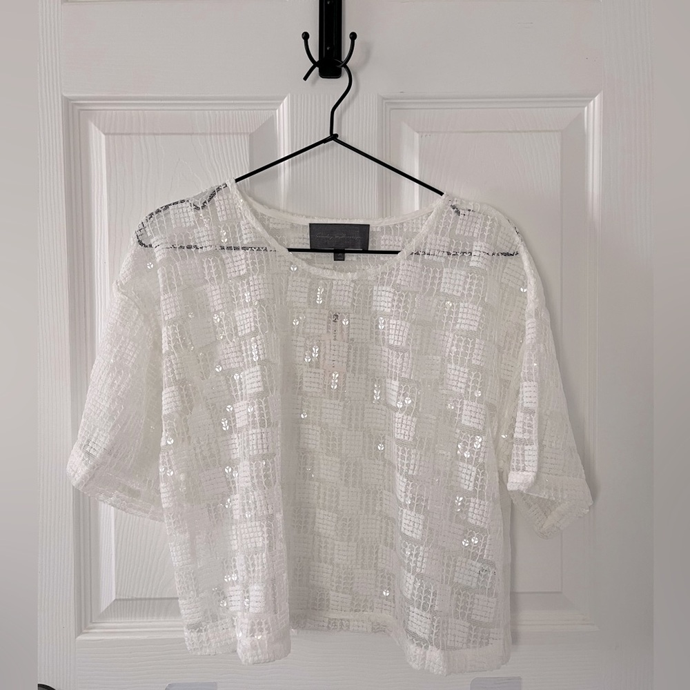 Anthropologie Cropped Mesh Sequin Tee in White